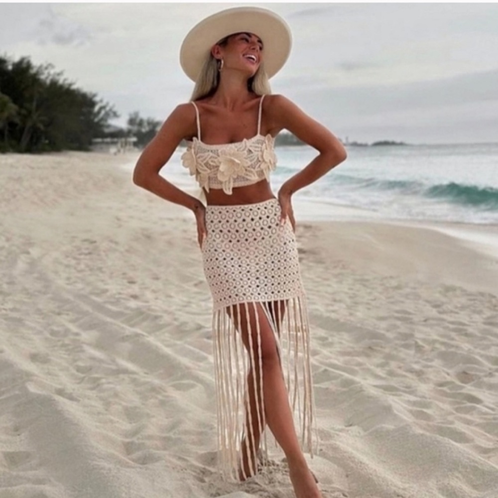 Zara mini skirt with long fringe crochet detail.